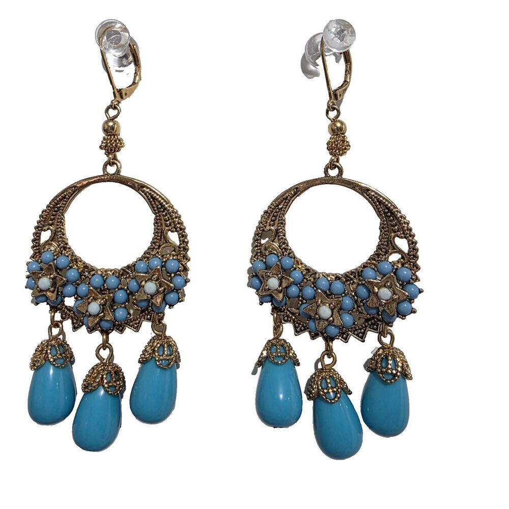 Vtg Style Boho-Chic Filigree Chandelier Earrings SkyBlue Beads Liverback Dangle